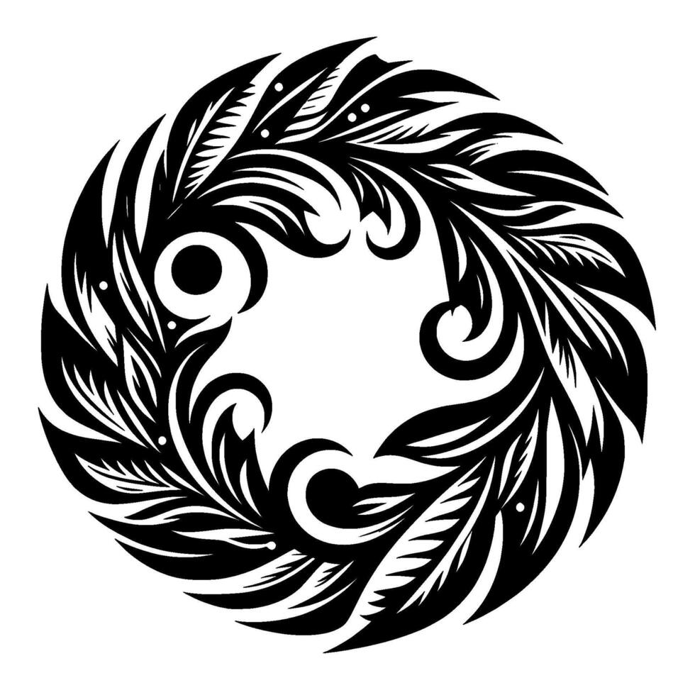 A symmetrical black and white circular floral , with a mix of leaves, swirls, and eyelike motifs, on a clean white backdrop. vector