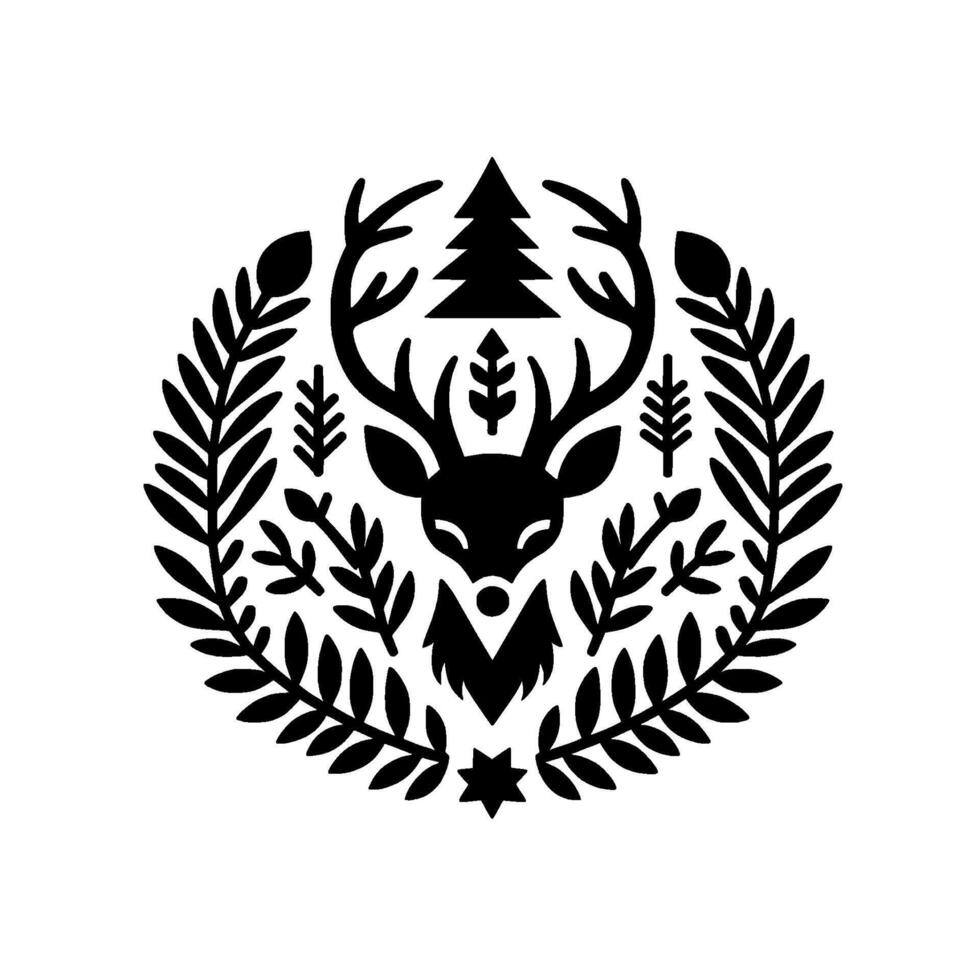 A symmetrical, minimalist black and white illustration of a stylized deer head surrounded by a wreath of leaves, fir tree, and other forest elements. vector