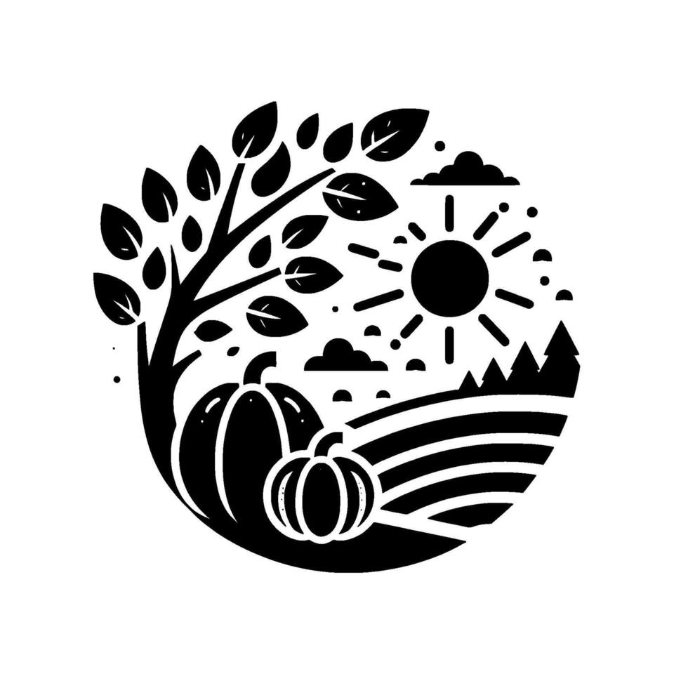 illustration of a circular harvest scene featuring pumpkins under a leafy tree, a bright sun, and fields in silhouette. vector