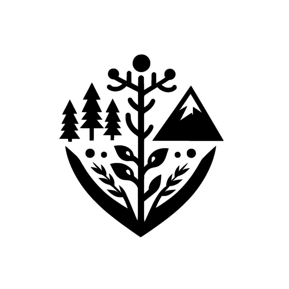 Minimalist Black White NatureInspired Emblem Trees, Mountain, Foliage Within ShieldShaped Frame vector