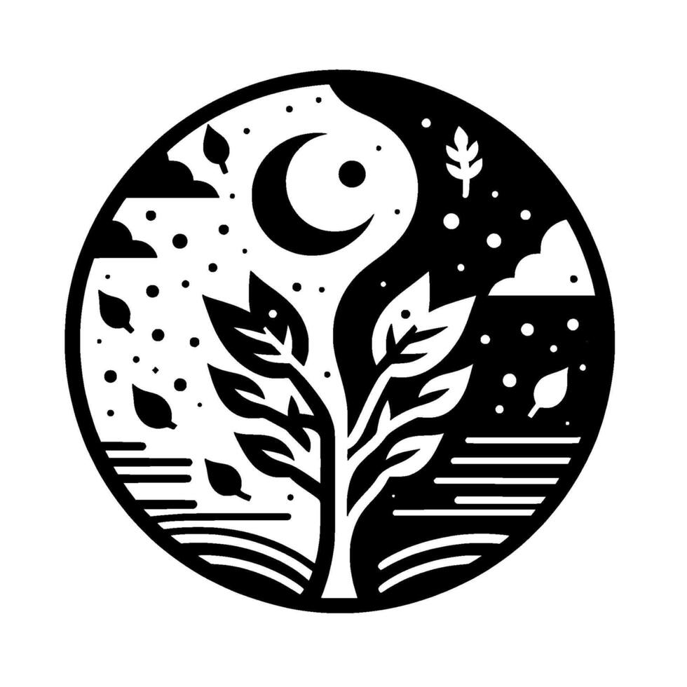 Yin Yang Tree A black and white, minimalist circular illustration depicting a tree symbolizing balance, with a nightday split background. vector