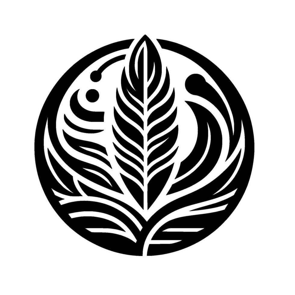 Circular Black and White Illustration Featuring a Central Leaflike Form, Surrounded by Curvilinear and Organic Abstract Shapes. vector