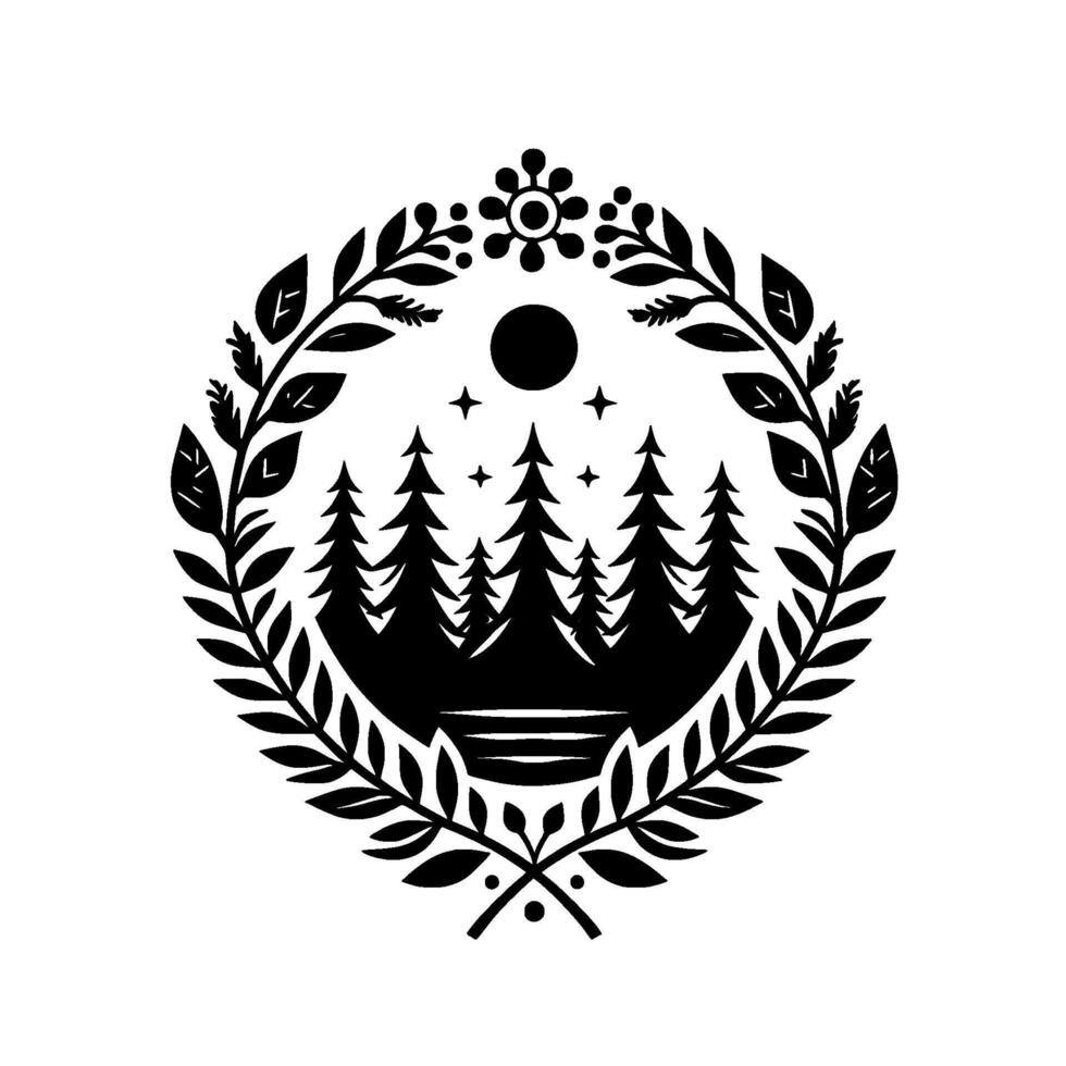 Silhouette of a forest scene within a floral wreath under a starry night sky, a minimalist . vector