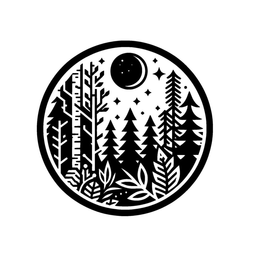 Circular, minimalist, black and white illustration of a serene forest landscape under a starry night sky with crescent moon and assorted foliage. vector