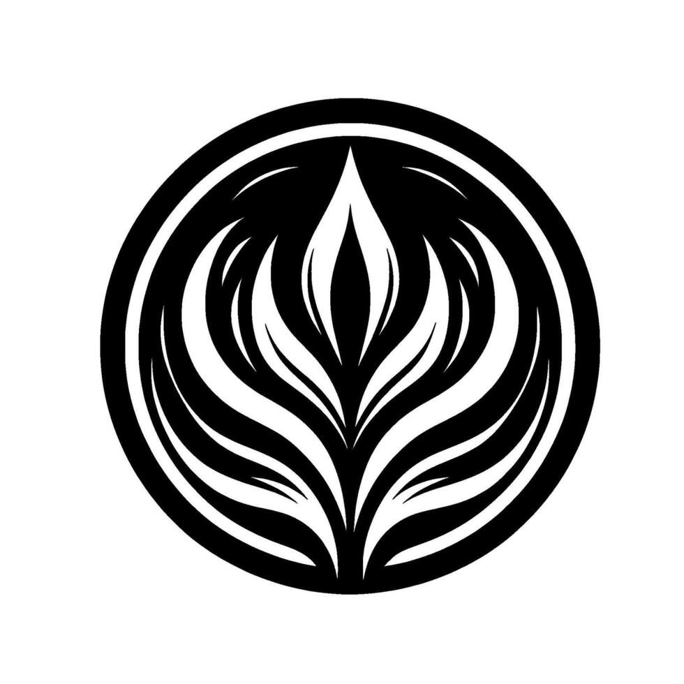 A stylized, symmetrical botanical featuring a central floral element within a circular frame, rendered in a monochrome palette. vector