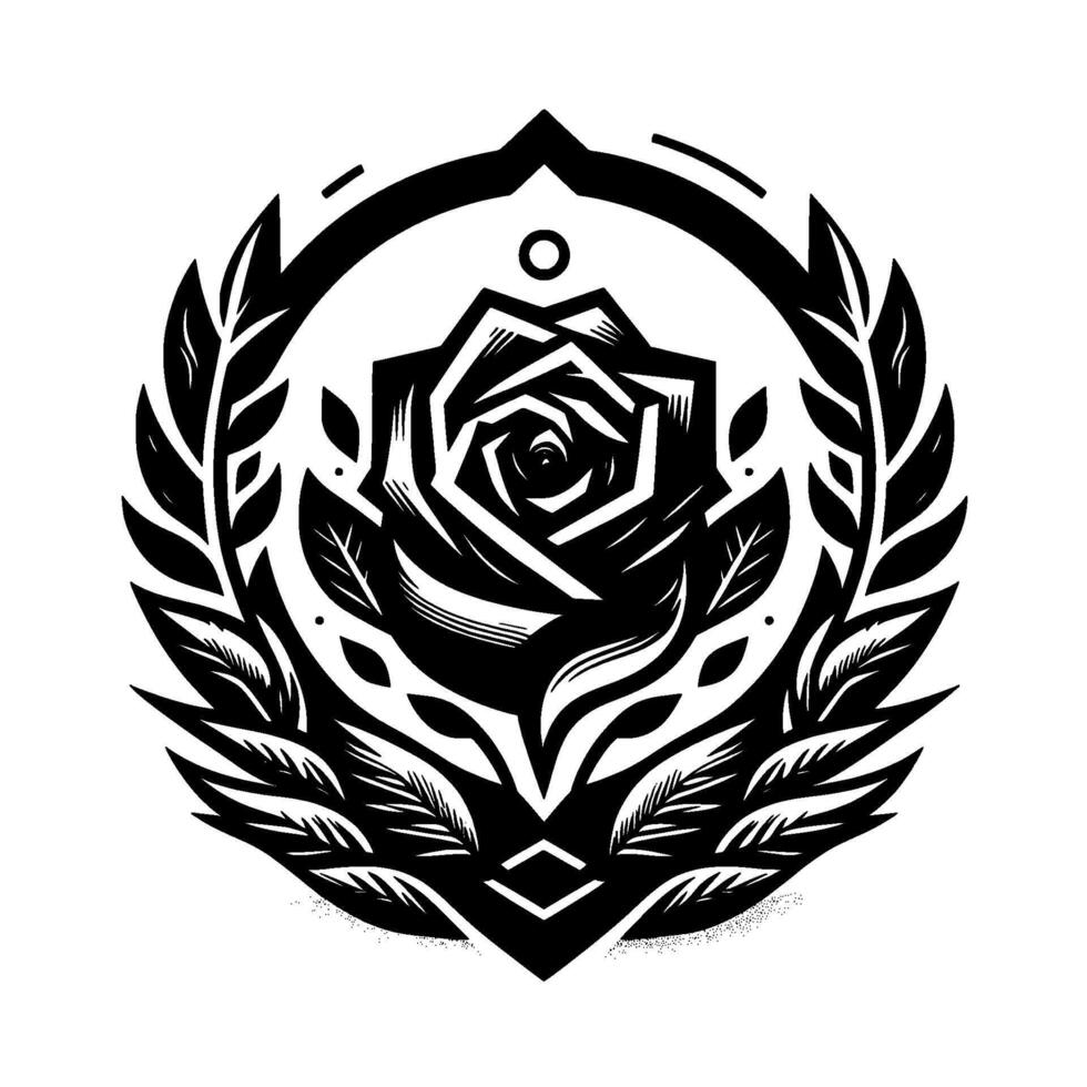 Intricate Black and White Geometric Rose Emblem a symmetrical featuring a stylized floral center, surrounded by laurel leaves and a circular border. vector