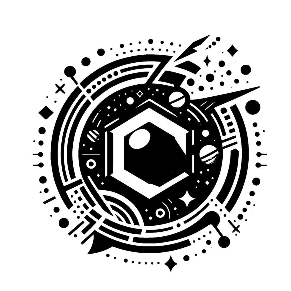 Abstract Geometric Composition with Hexagon Center, Surrounding Orbits, Dots, Lines, and Celestial Elements in Black and White. vector