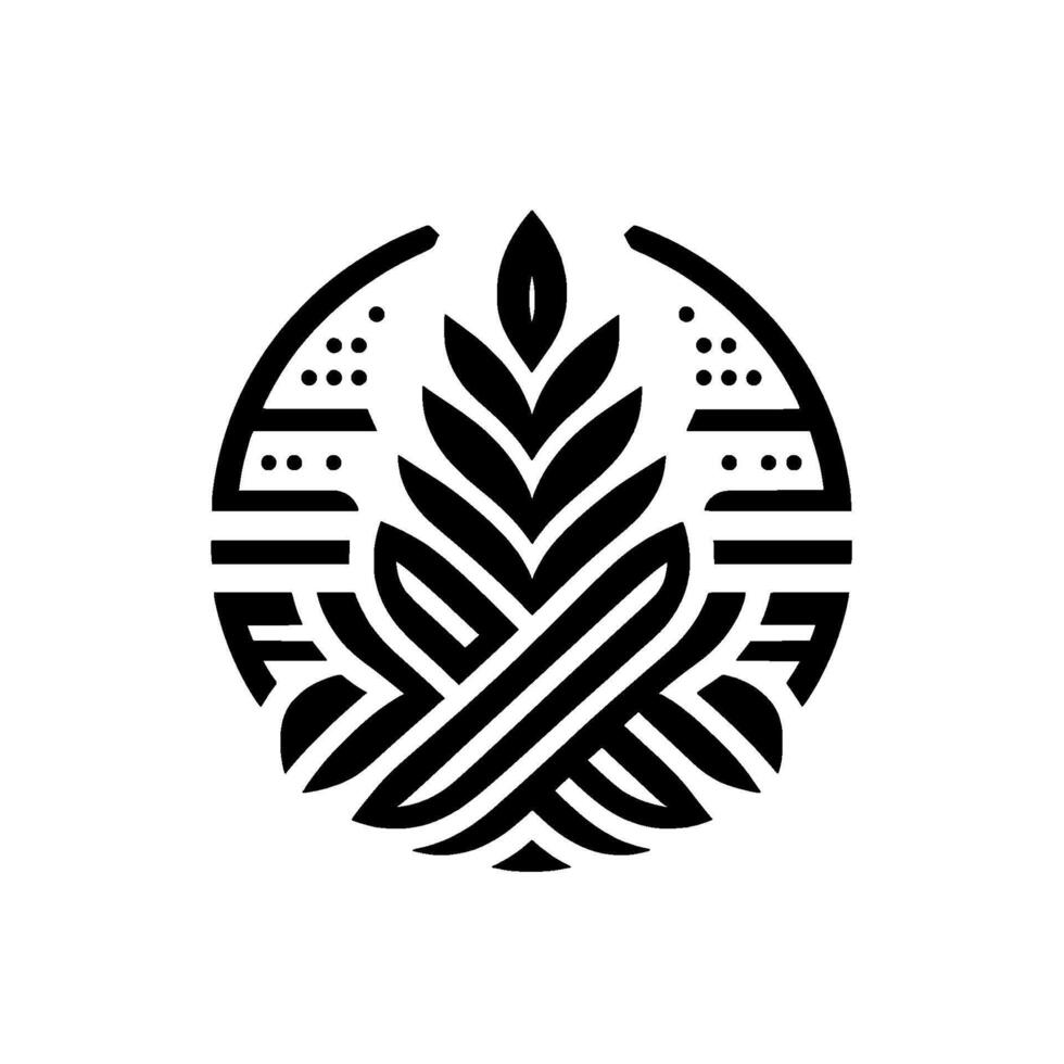 Abstract monochrome emblem of wheat stalk, leaves, and ornamental frame, minimalist on a white background. vector