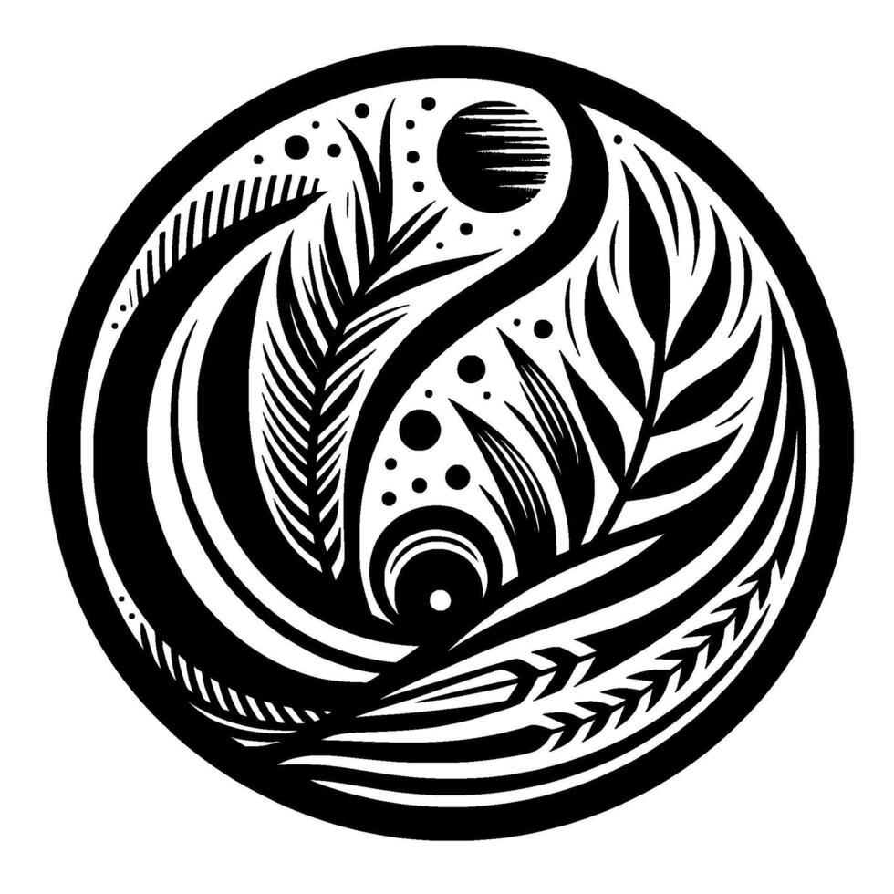 Abstract YinYang Circle Black White Floral, Sun Crescent Moon in a Decorative Circular Composition. vector
