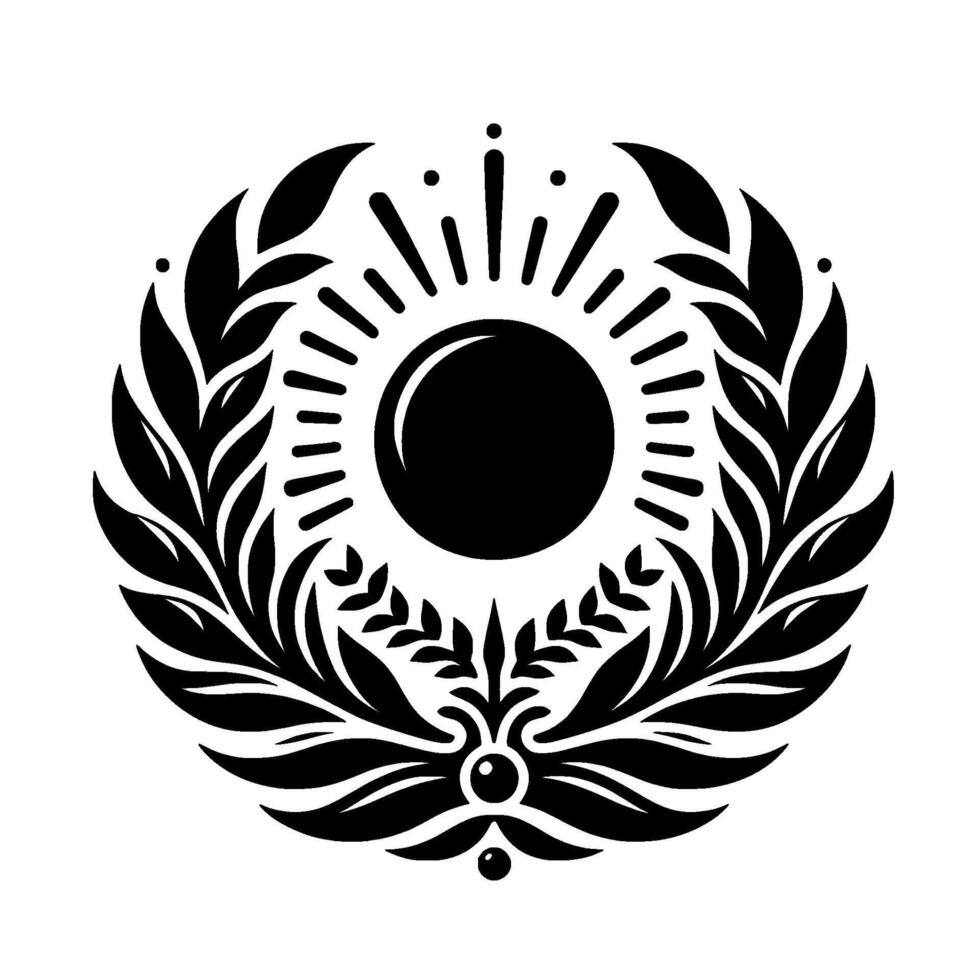 A symmetrical black and white illustration of a radiant sun enclosed in a laurel wreath, conveying peace. vector