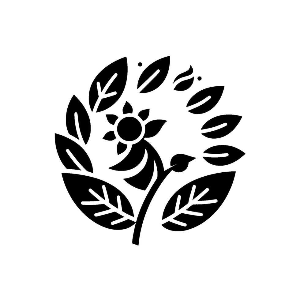 A Stylized Floral A Black and White Illustration of a Sunflower and Leaves Arranged in a Circular Formation on a White Backdrop vector