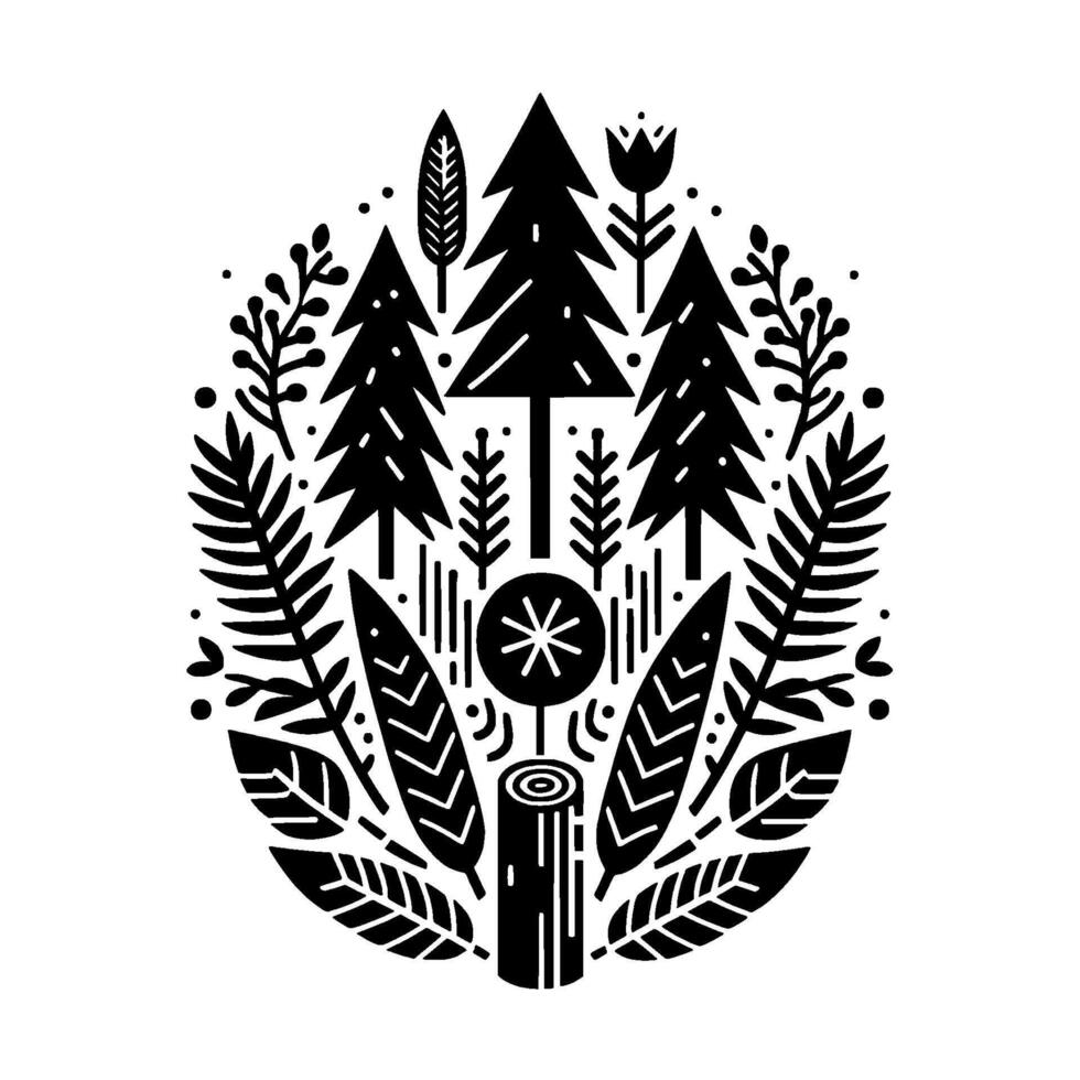 Stylized Black White Oval Composition Trees, Leaves, Floral Elements, and Abstract Shapes, NatureInspired . vector