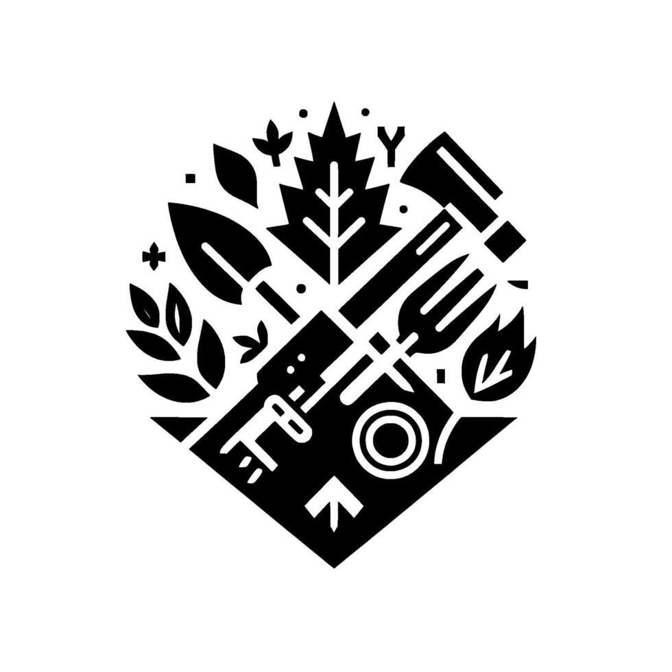 Geometric black and white garden tools and leaf elements arranged within a diamond shaped composition, representing nature and cultivation. vector