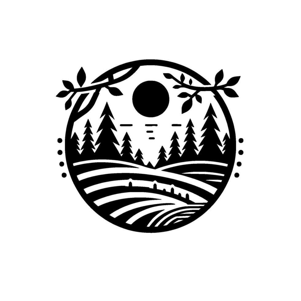 Circular Black and White Landscape Art Forest, Farm Fields, Sun, and Twigs in a Minimalist vector