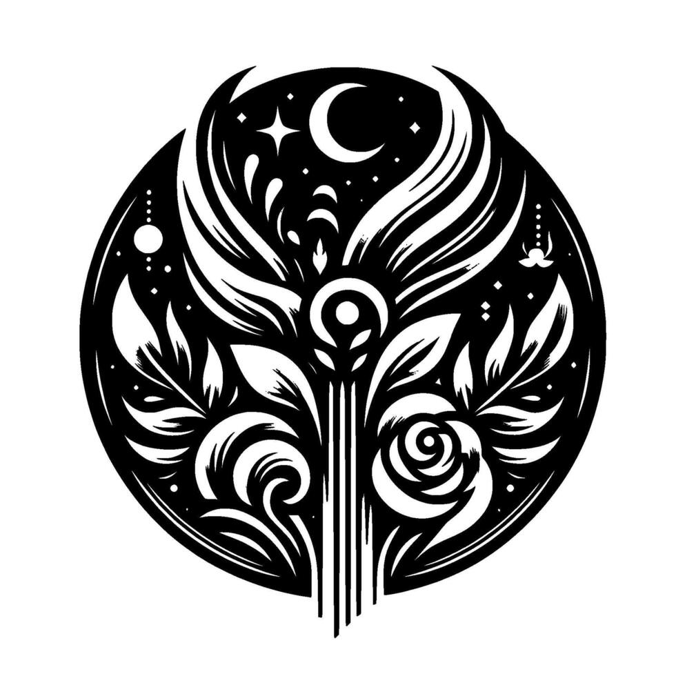 Elegant, monochromatic circular artwork with floral, celestial, and Art Deco influences, featuring a crescent moon, star, and stylized flora. vector