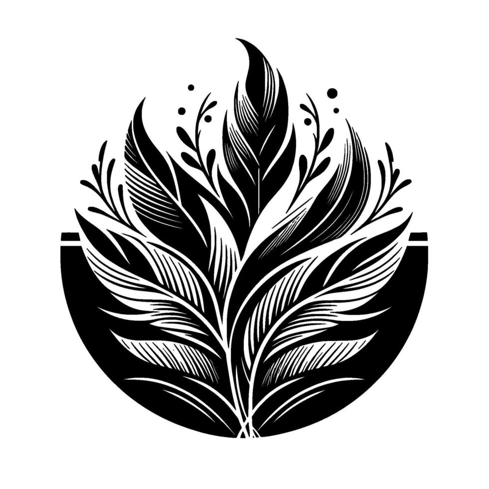Elegant Black White Floral Illustration Stylized plant with intricate leaf details, contained in a circular form, minimalist . vector