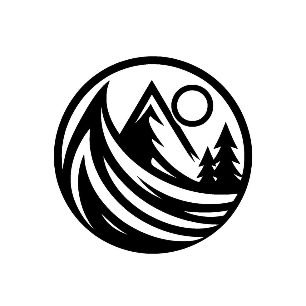 Monochromatic Circular Silhouetted Mountains, Trees, and Sun in a Stylized Outdoor Scene. vector