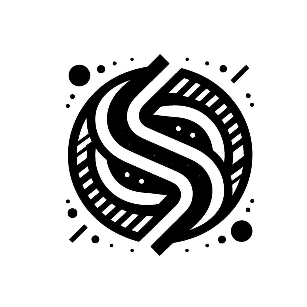 Geometric Black and White Composition A stylized Sshape within a circle, adorned with dashes, dots, and minimalist accents, creating a clean, balanced . vector