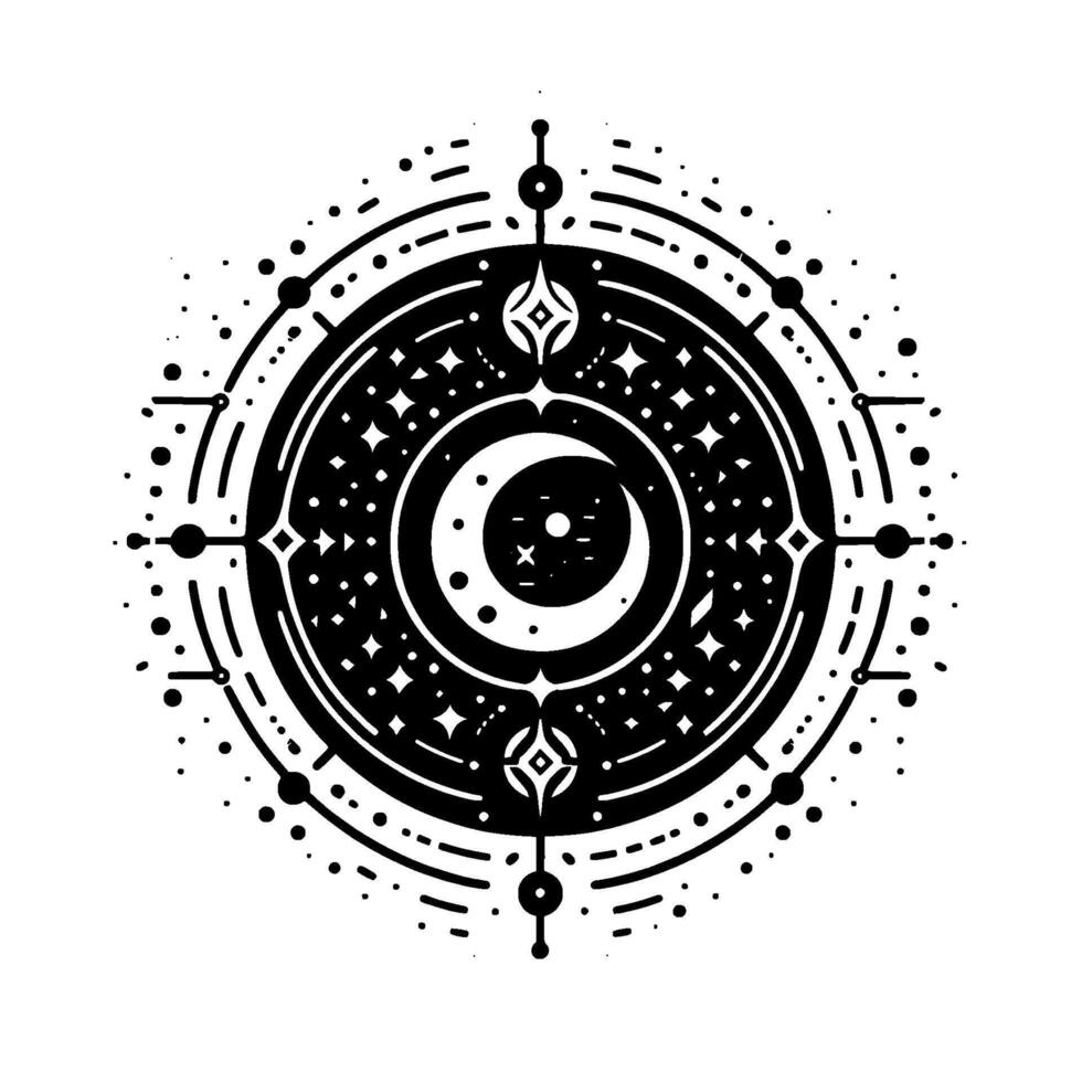 Celestial Mandala Black and white illustration featuring a crescent moon, stars, and geometric shapes. vector