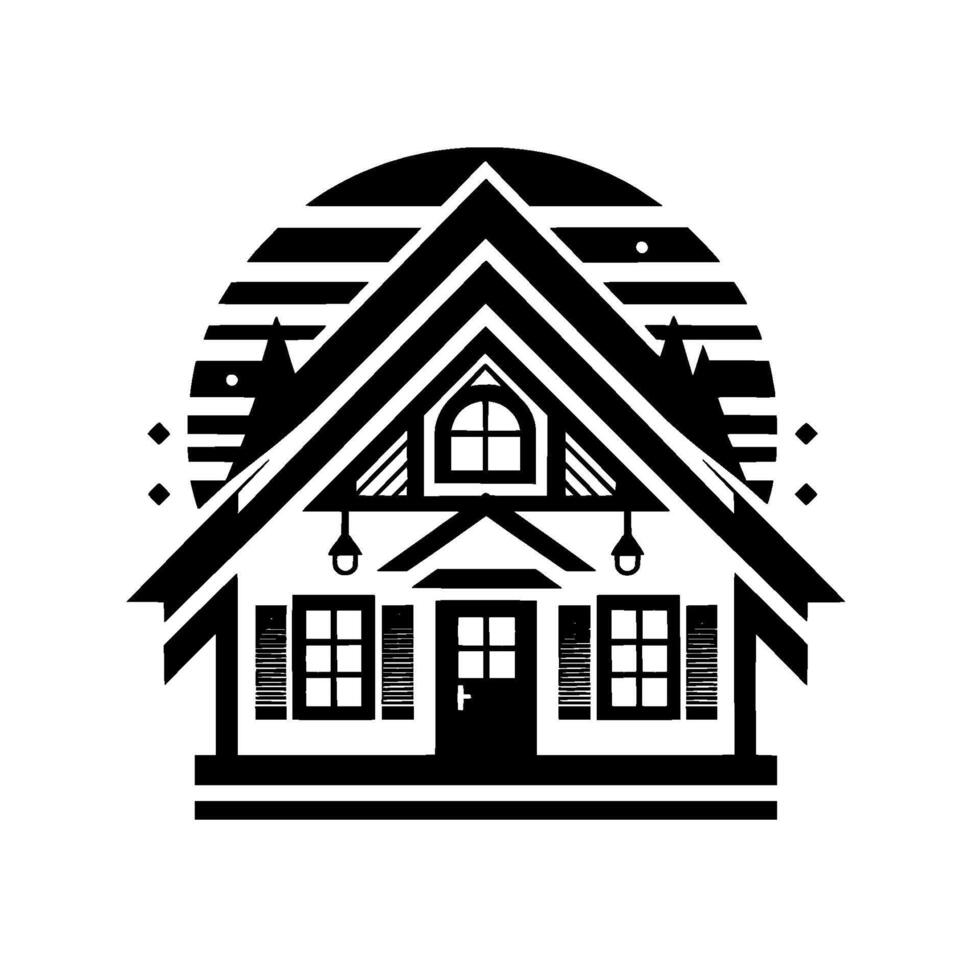 Black and White Illustration of a Cabin Home, set against a striped sun, framed by stylized evergreen trees and stars. vector