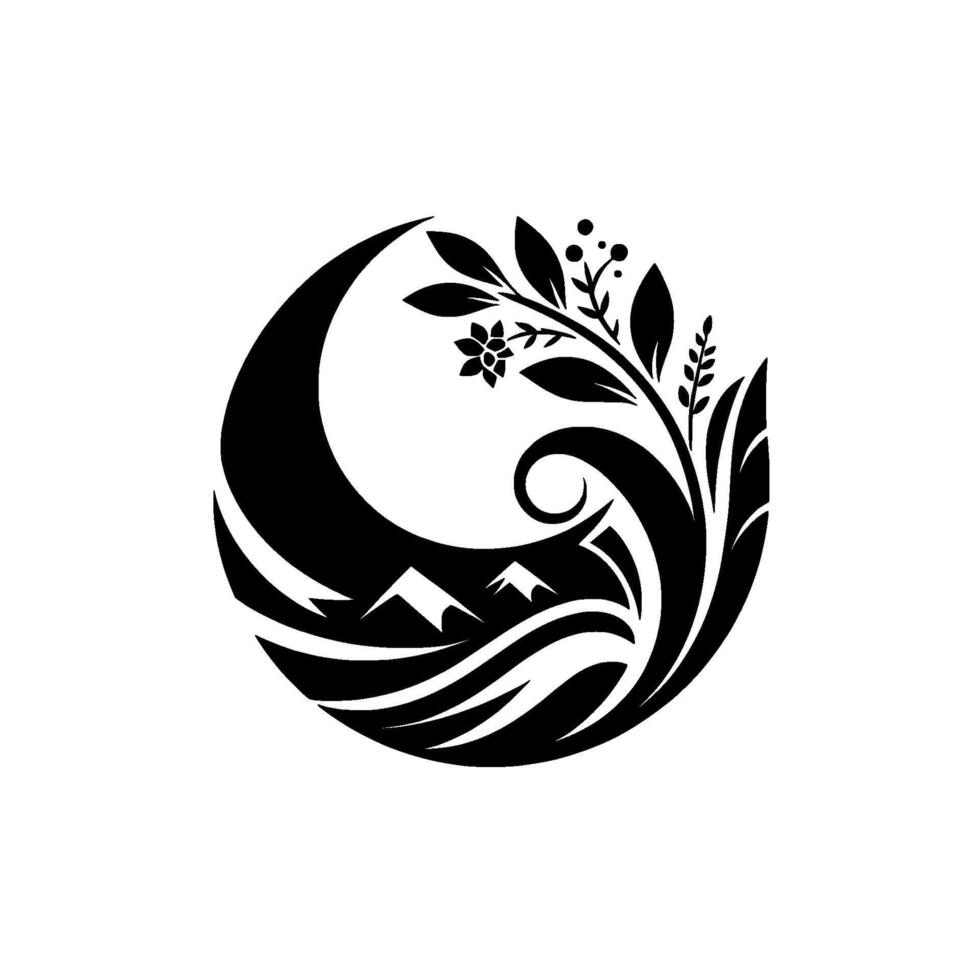 Elegant Black and White Nature Emblem Crescent, Mountains, Flora, and Flowing Lines Within Circular . vector