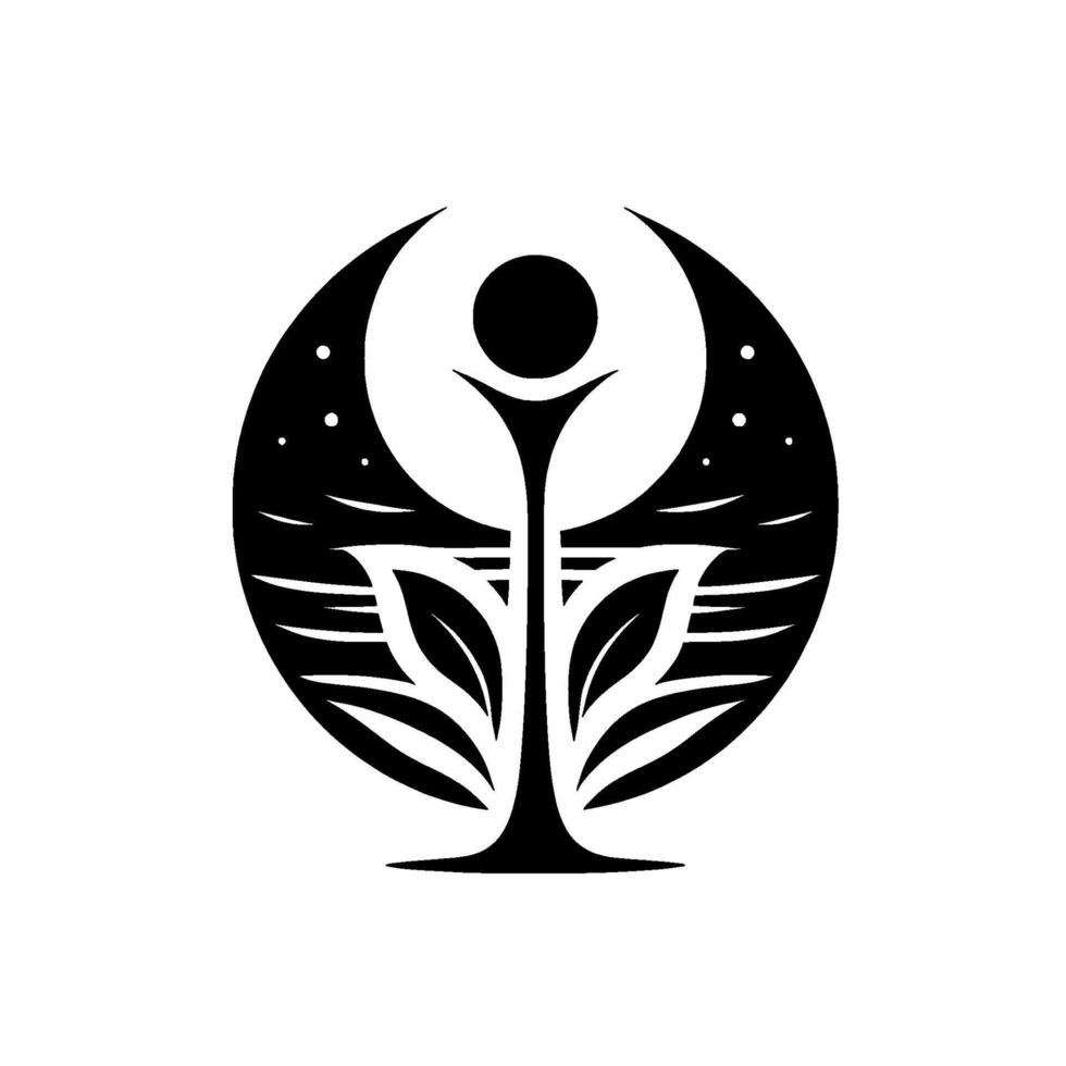 Stylized black and white nature emblem featuring a plant reaching for a celestial circle, representing growth and balance. vector