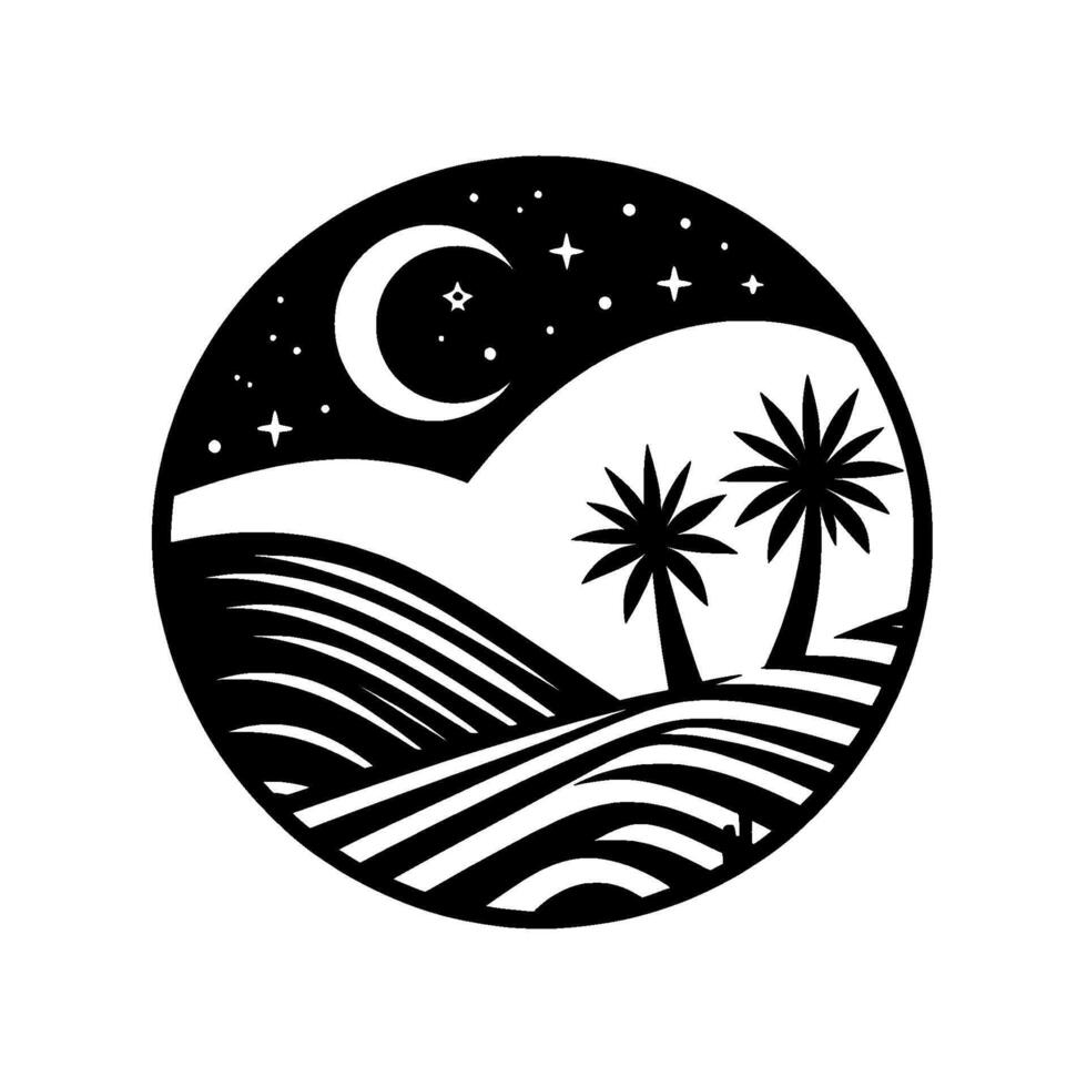 Nightscape Silhouette Black White Circular of Crescent Moon, Stars, Palm Trees, and Rolling Hills. vector