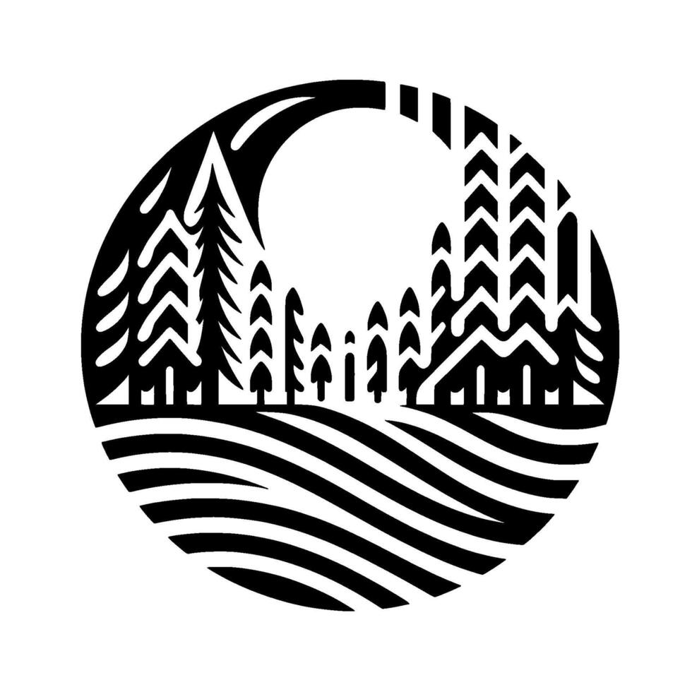 Circular Black and White Silhouette of Forest Landscape Under Full Moon Trees, Water Lines, Wilderness. vector