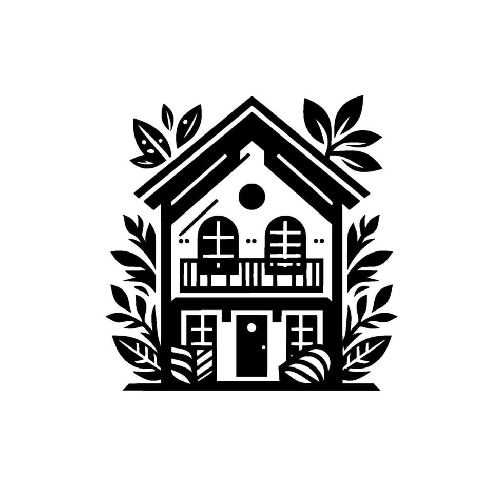 Black and white minimalist house illustration, surrounded by stylized leaf accents, featuring windows, balconies, and a central door . vector