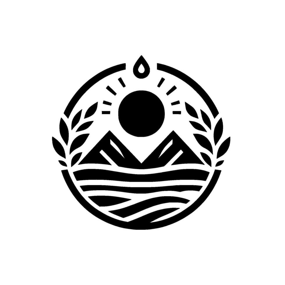 A circular black and white minimalist depicting mountains, water, sun, droplet, and wheat stalks, embodying natures serenity and abundance. vector