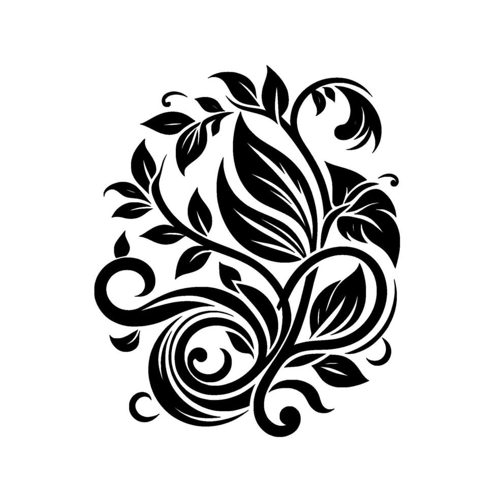 Elegant Black Floral A symmetrical composition of leaves, vines, and swirls, isolated on a white background, offering a classic, decorative appeal. vector