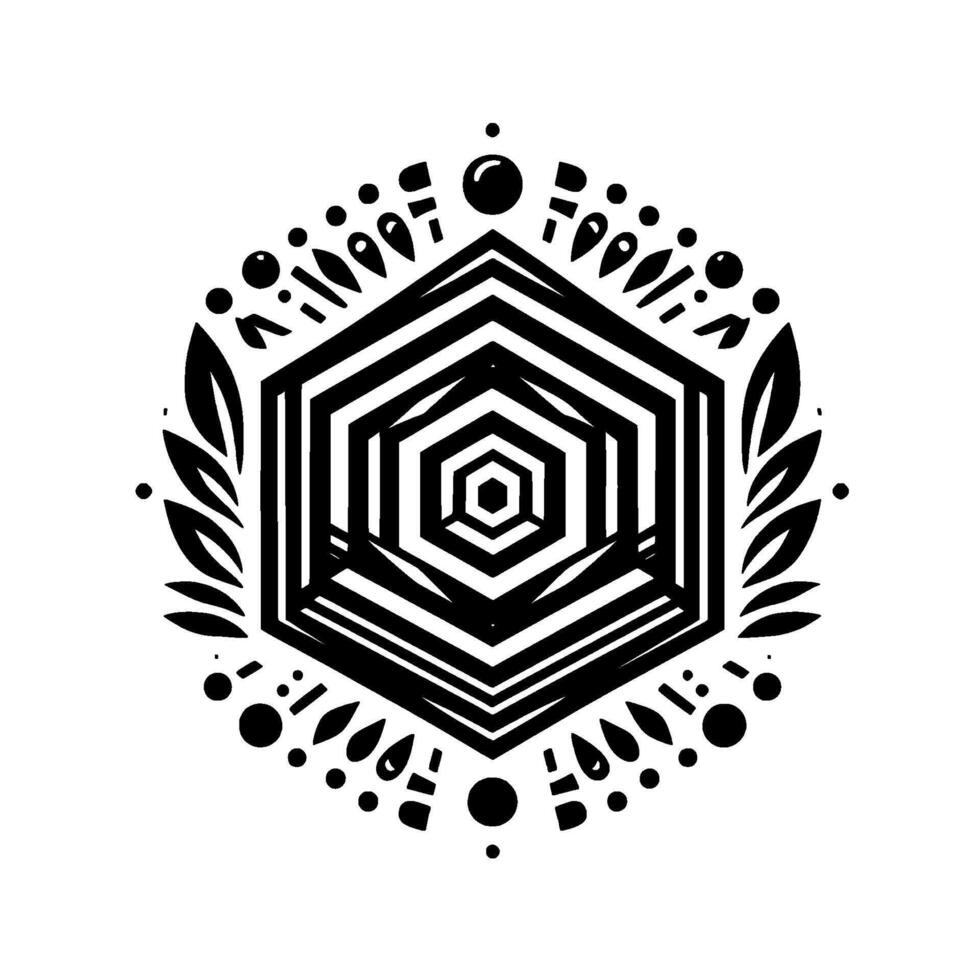 Abstract Black and White Hexagonal Mandala with Geometric Patterns, Foliage, and Decorative Elements on White Background. vector