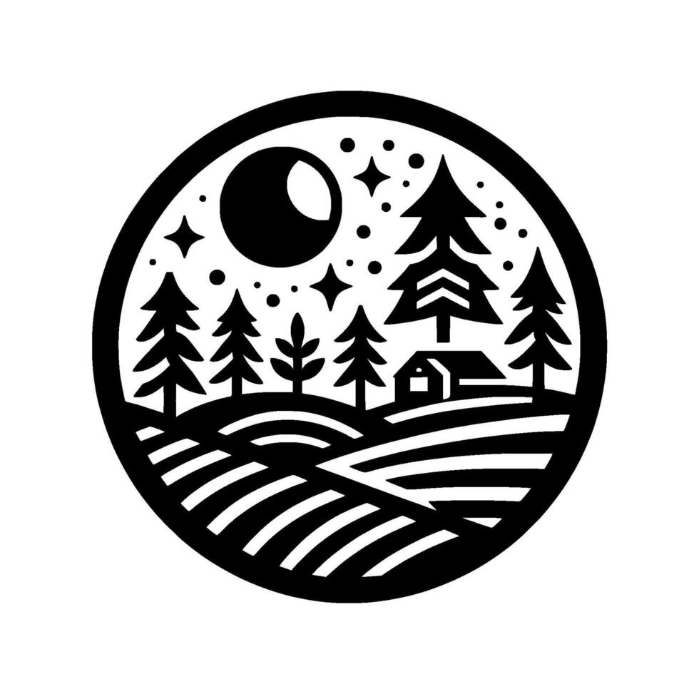 Black and white circular illustration of a countryside night scene moon, stars, trees, rolling hills, and a house. vector