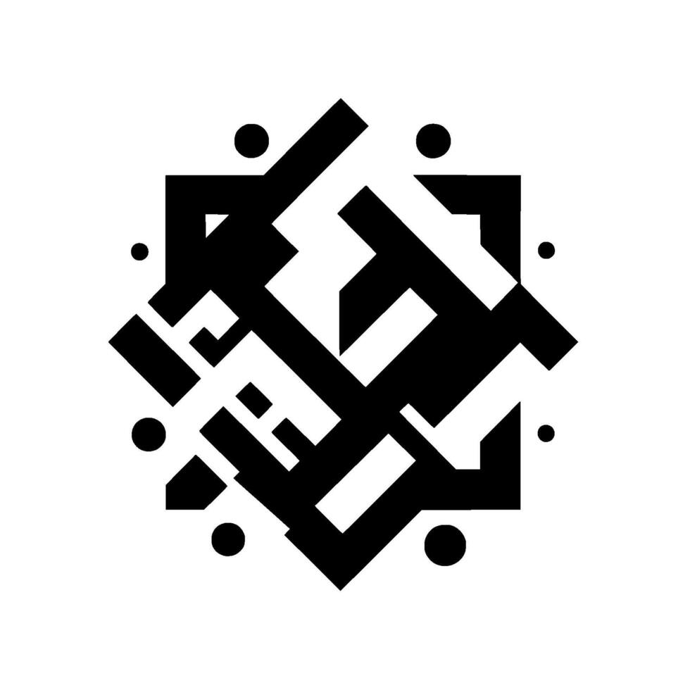 Complex geometric abstract artwork in grayscale, with black and white shapes, radial symmetry, and dotted accents, creating a visually engaging pattern. vector