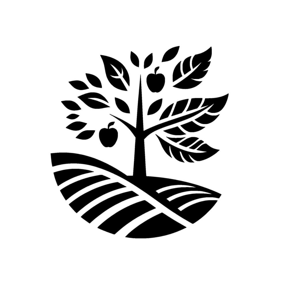 Minimalist Black and White Orchard Illustration with Apple Tree, Field, Leaves, and Apples, Symbolic of Agriculture and Nature. vector