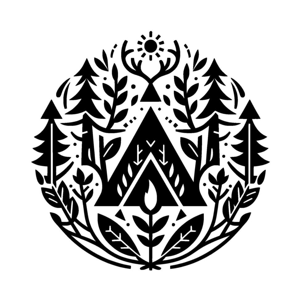 Black and White Circular Emblem Tent, Trees, Sun, Deer Antlers, and Floral Elements, Illustrative Nature . vector