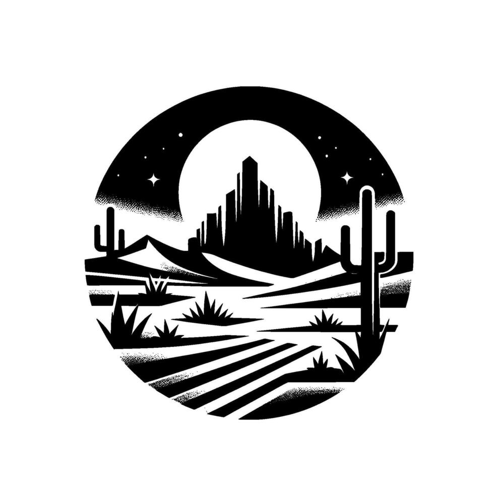 Black and White Desert Landscape in Circle, with City Skyline, Moon, Cactus, Stars and Stripes vector