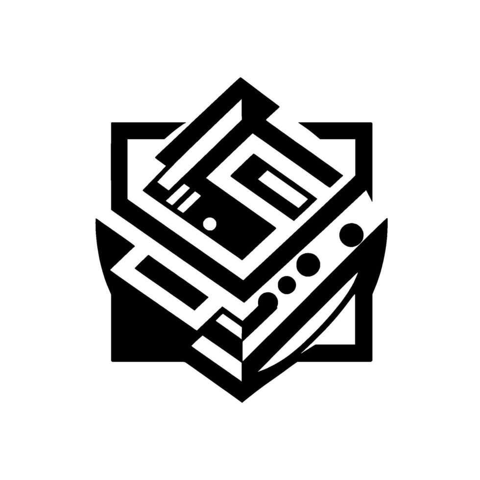 Geometric black and white abstract resembling a shield or emblem, featuring angular shapes, lines, and circles. vector