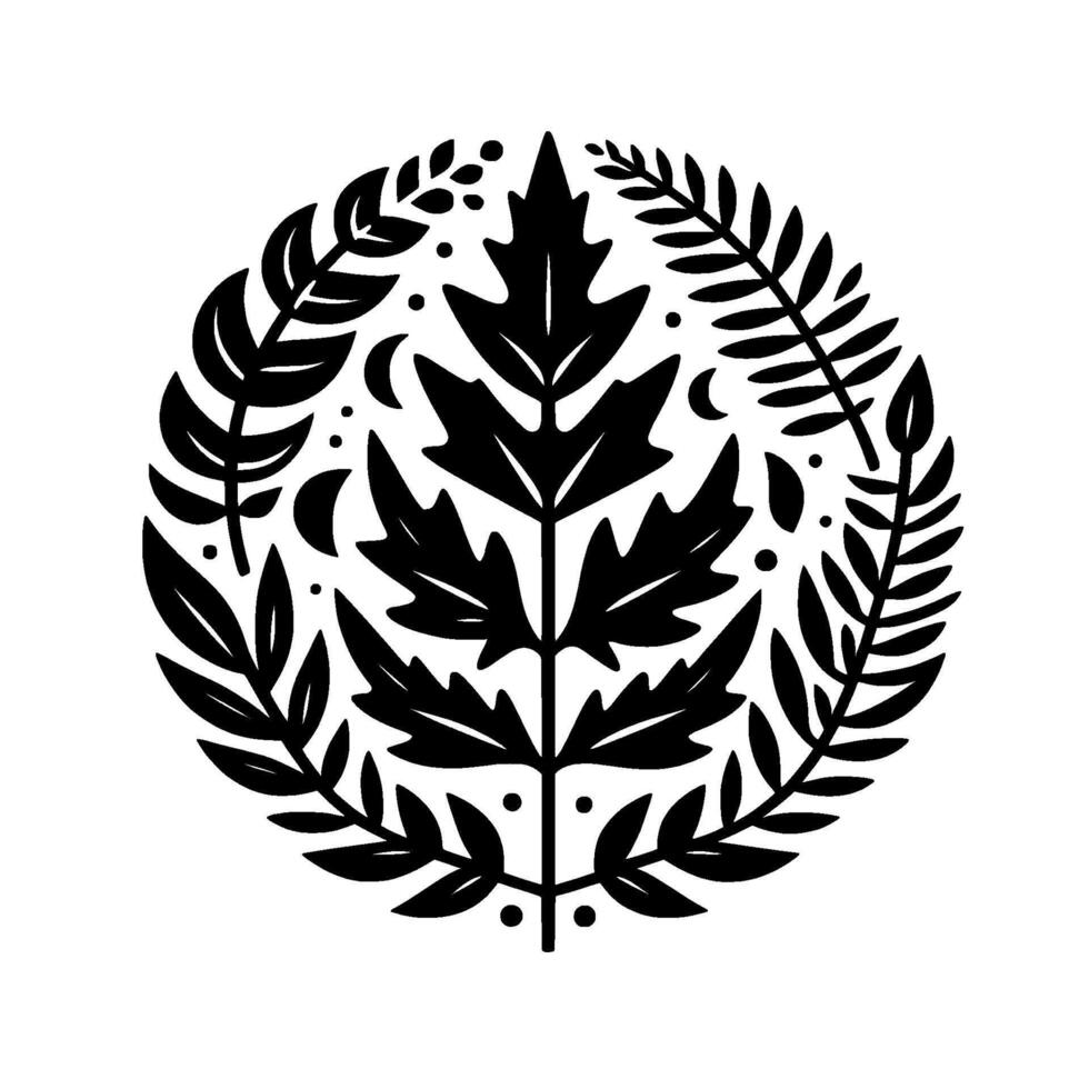 Stylized Black White Nature Motif Circular Composition of Leaves, Foliage, Moon Phases, and Dots, Isolated on White vector