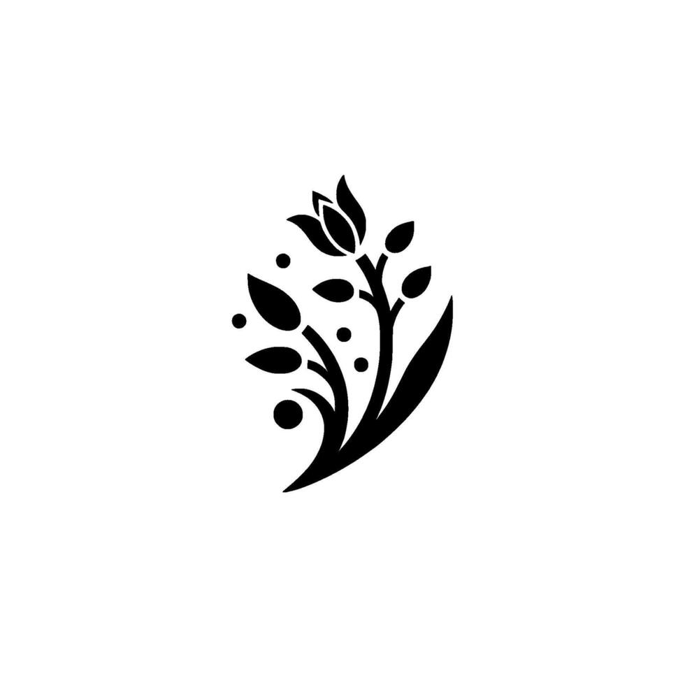 Minimalist black floral on white, stylized silhouette featuring tuliplike bloom, leaves, and circular accents. vector