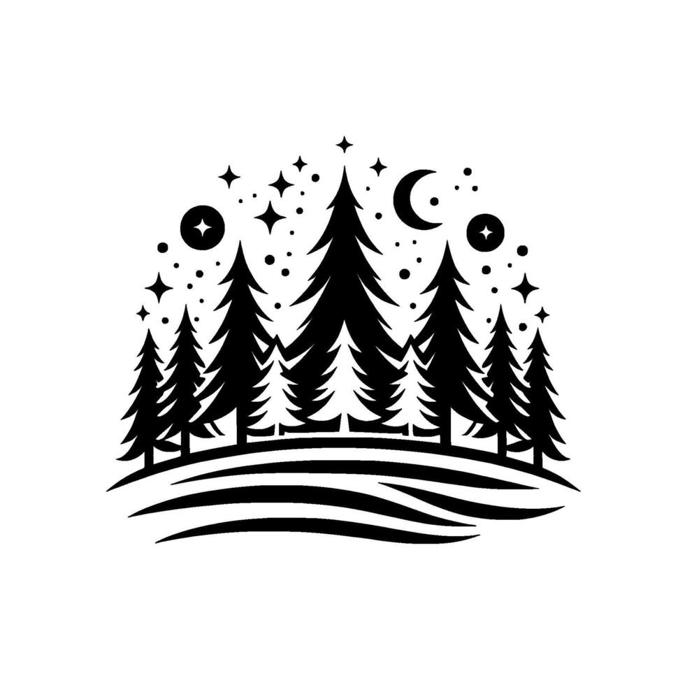 Silhouette of a Forest Under a Starry Night Sky Artistic Black and White Landscape vector