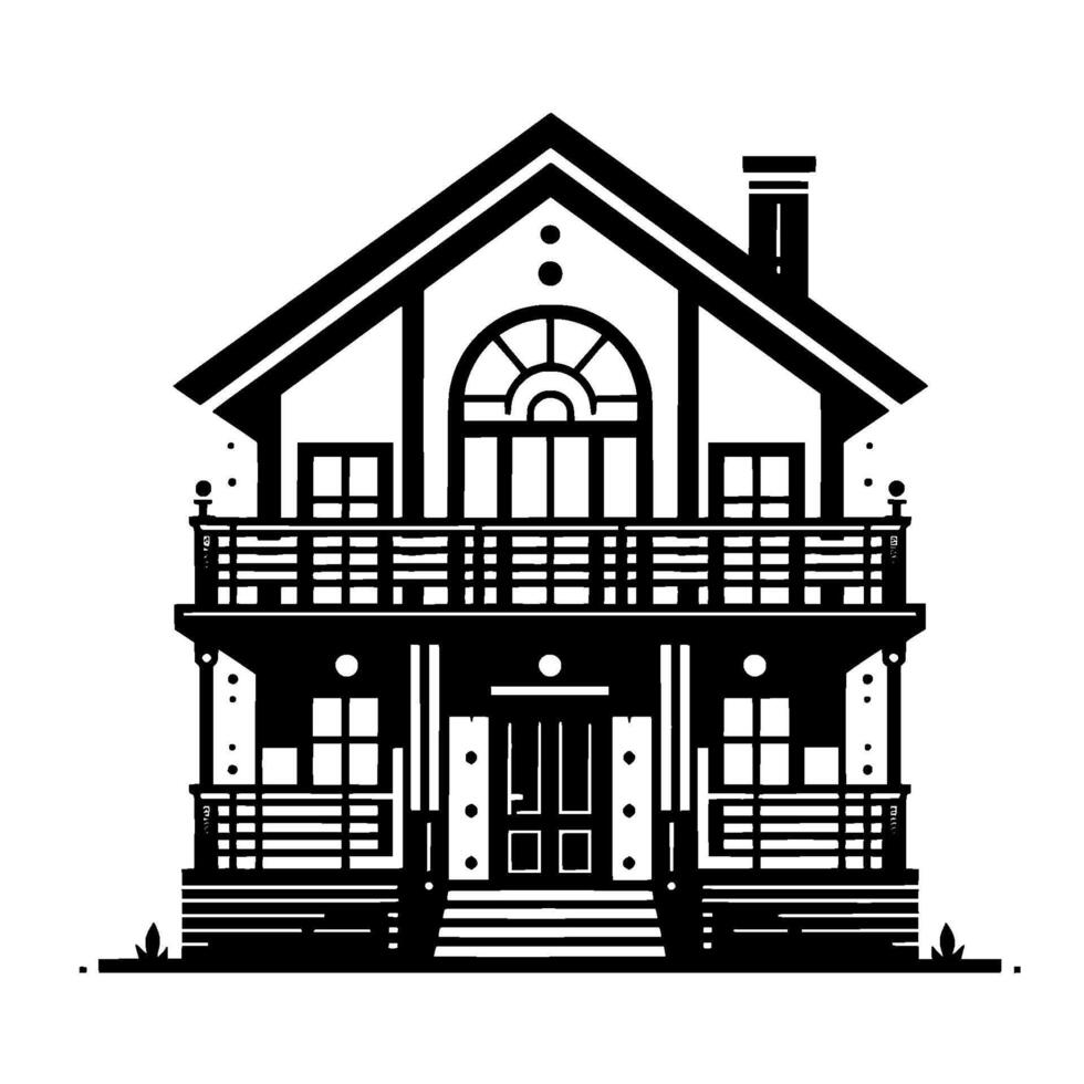 Elegant Black and White Illustration of a TwoStory Victorian House with Balconies, Chimney, and Architectural Details vector