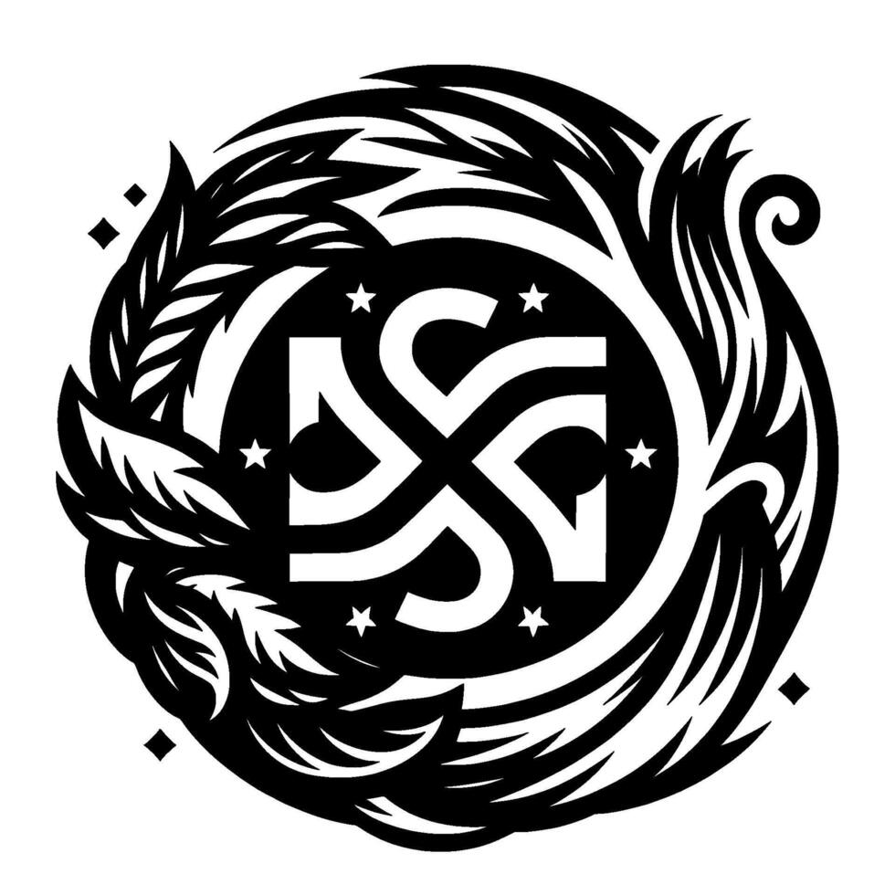 Circular Black White Emblem with Stylized Floral Border, Geometric Core, and Stellar Accents. vector