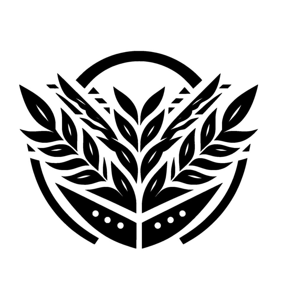 Minimalist Black and White Emblem featuring symmetrical stylized leaves within a circular frame, modern, and decorative. vector