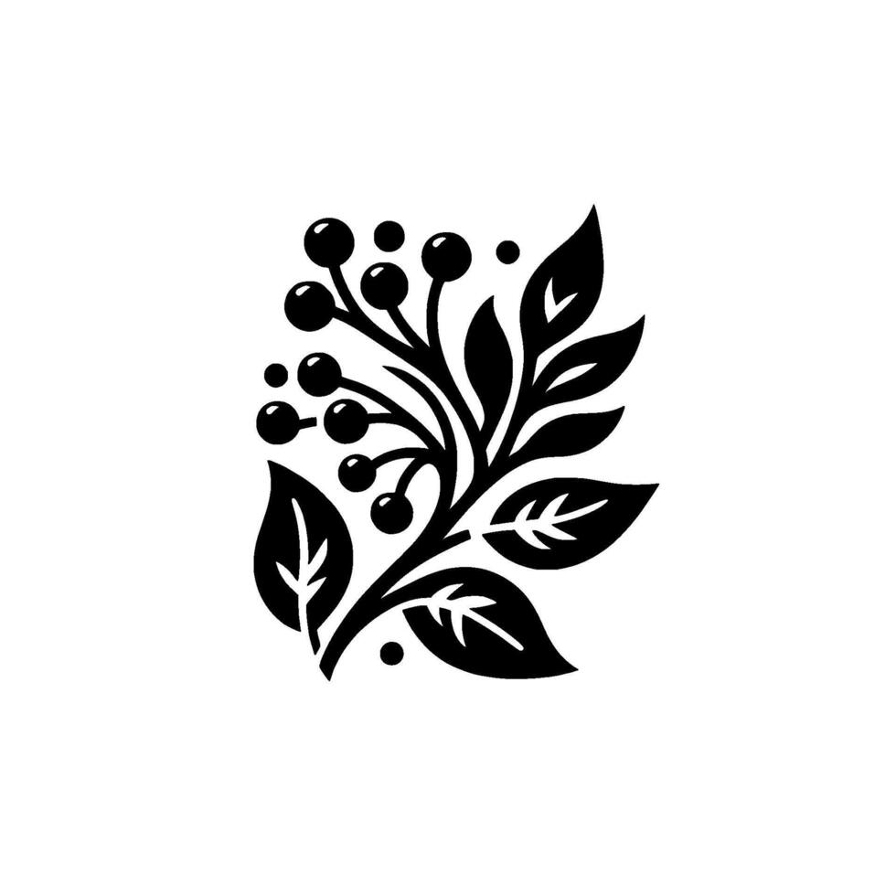 Black and White Floral Silhouette Composition Featuring Berries and Leaves on a Clean White Background, Minimalist . vector