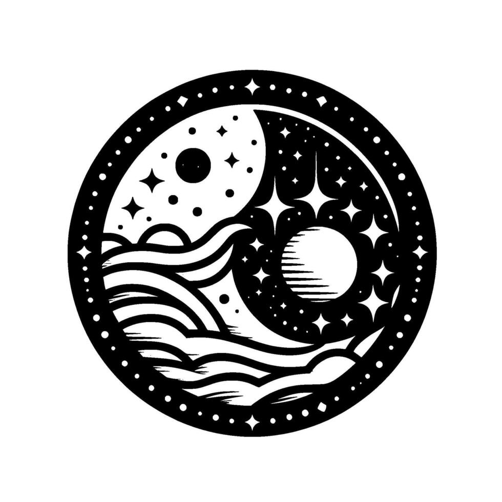 Celestial Yin Yang A stylized black and white depiction of the cosmos with waves, stars, sun, moon, in a circular frame. vector