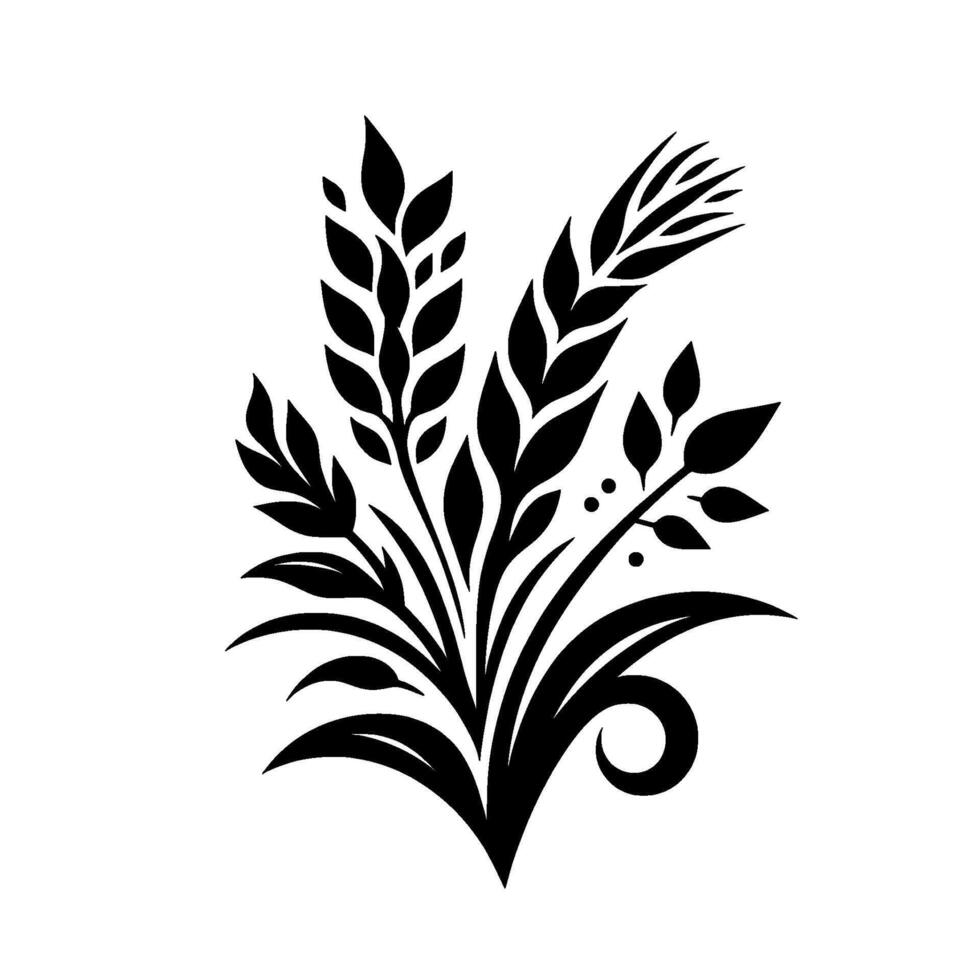 Black and white stylized illustration of wheat, leaves, and decorative elements, arranged in a symmetrical floral composition on white background. vector