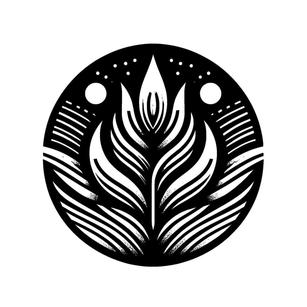 Circular minimalist black and white illustration of a stylized plant with gradient shading within a dotted and striped border, resembling a botanical emblem. vector