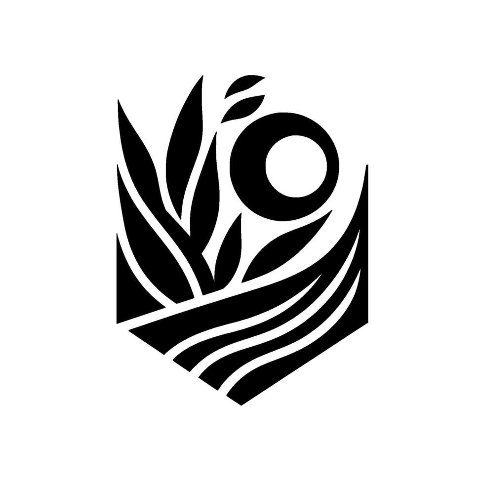 Abstract black and white , geometric showcasing nature sun, leaves, and field, within a hexagonal frame. vector