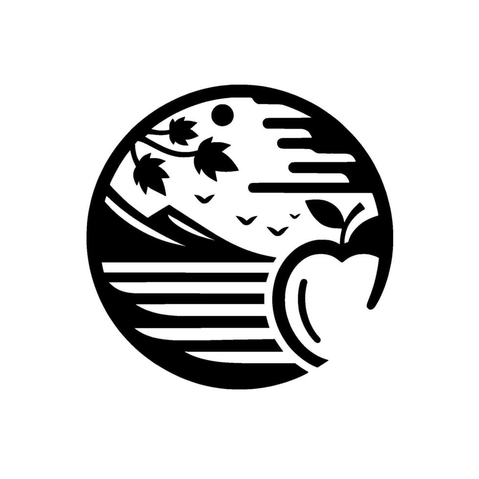 Stylized Black White Circular Illustration Apple Overlaying a Lakeside Mountain Scene with Leaves, Birds, and a Sun vector